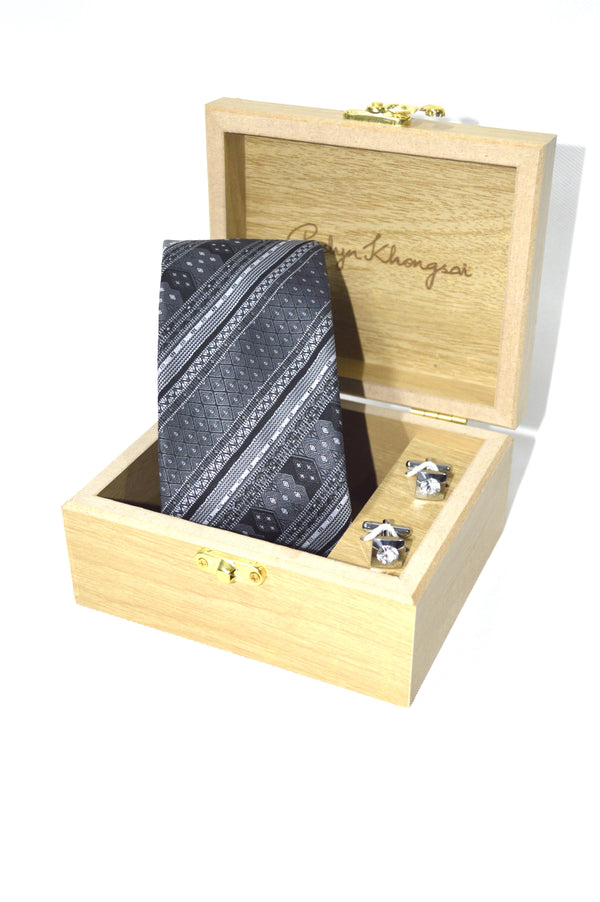 NECKTIE IN ALLOVER SAIPIKHUP,THANGNANG AND MANGVOM WITH WOODEN GIFT BOX & CUFFLINK