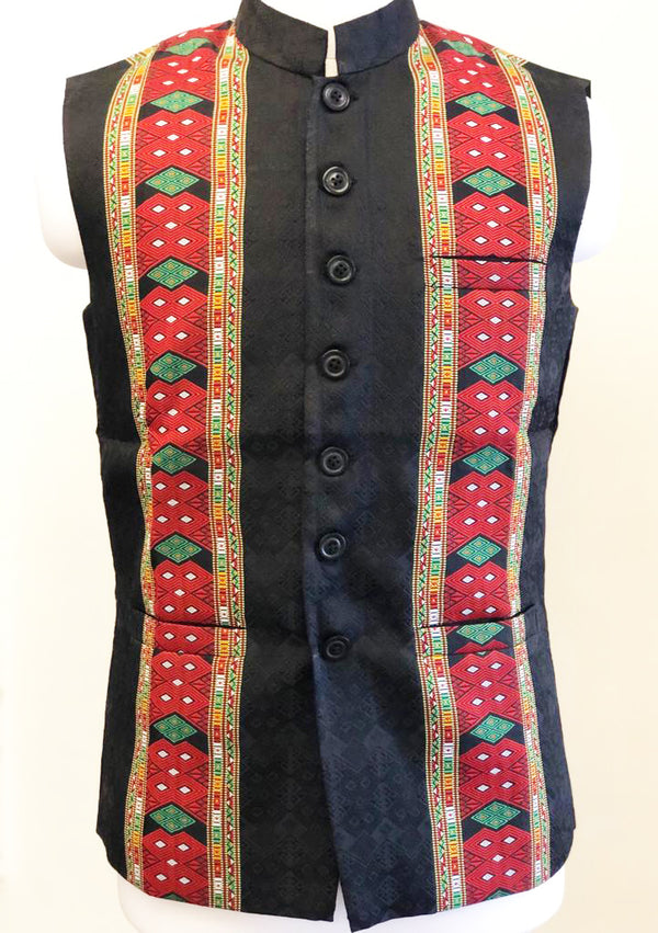 Mens Stand collar sleeveless jacket with Kuki mens Traditional shawl motif on front & back
