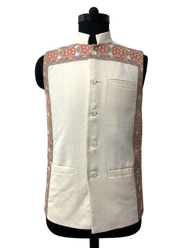Mens Stand collar sleeveless jacket with Kuki mens Traditional shawl inspired motif on front & back