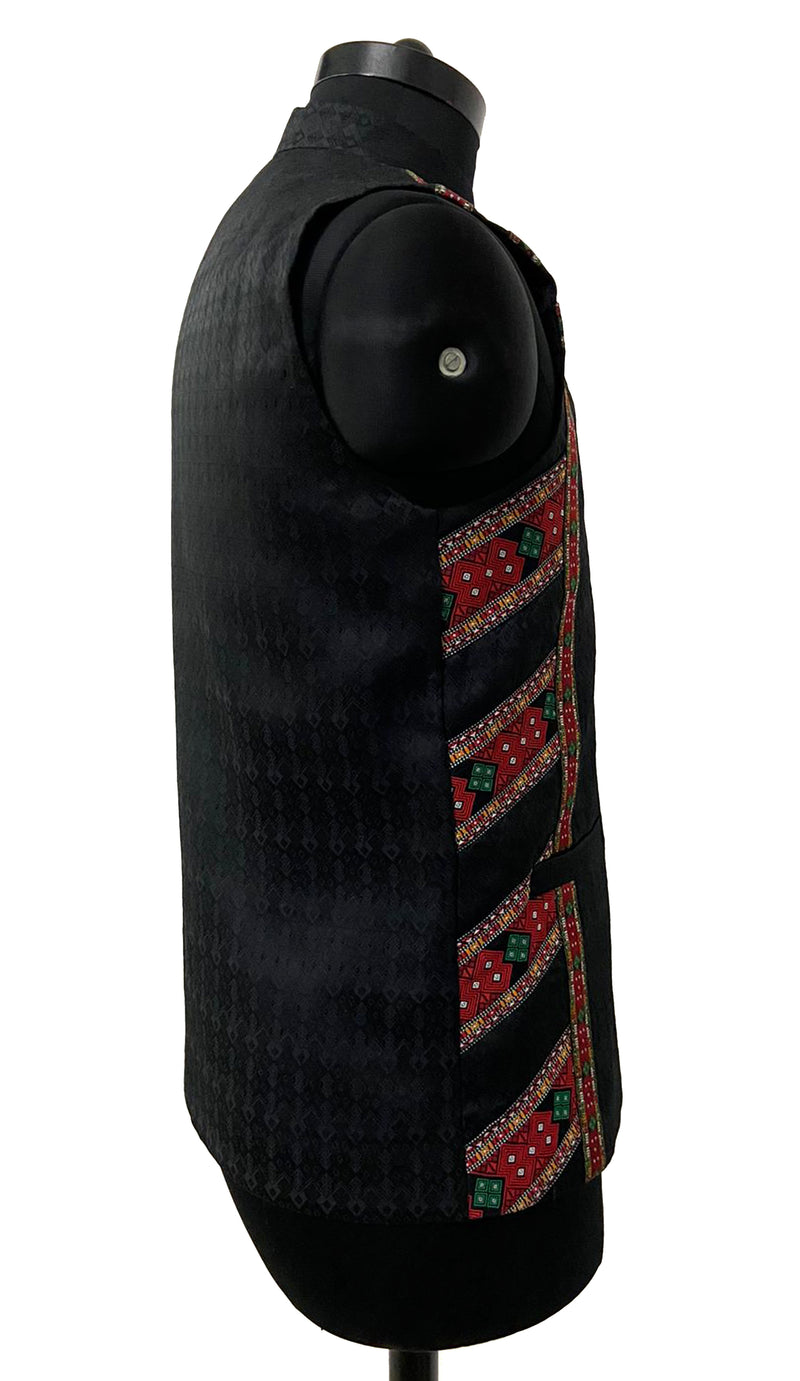 Mens Stand collar sleeveless jacket with Kuki mens Traditional shawl inspired motif on front & shoulder