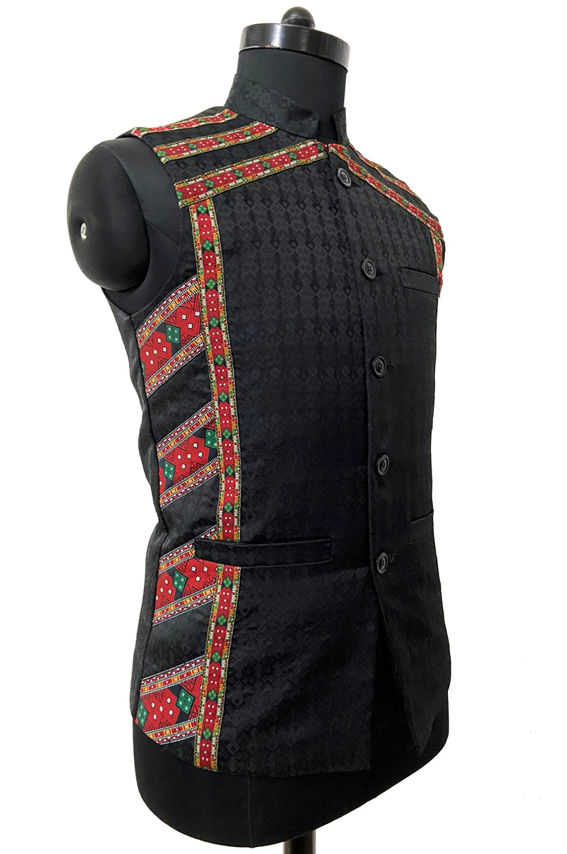 Mens Stand collar sleeveless jacket with Kuki mens Traditional shawl inspired motif on front & shoulder